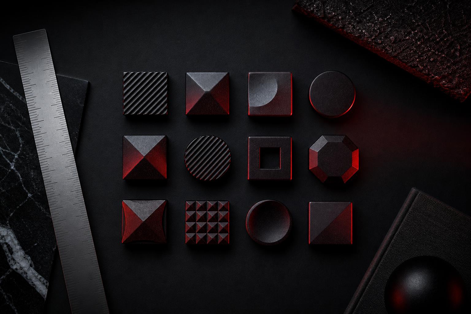 Editorial still life of twelve geometric tiles arranged in a grid, each lit with a red accent — a visual stand-in for the twelve online reputation management agencies in this ranking.