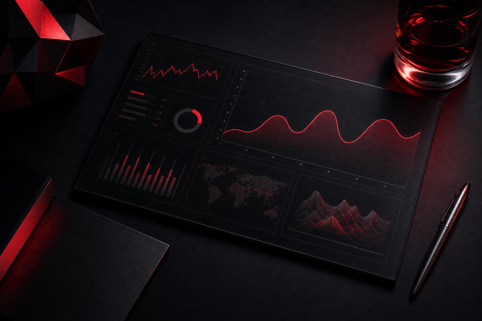 Editorial still life: a dark dashboard glowing with red analytics lines, evoking the measurement infrastructure shaping online reputation management agencies in 2026.