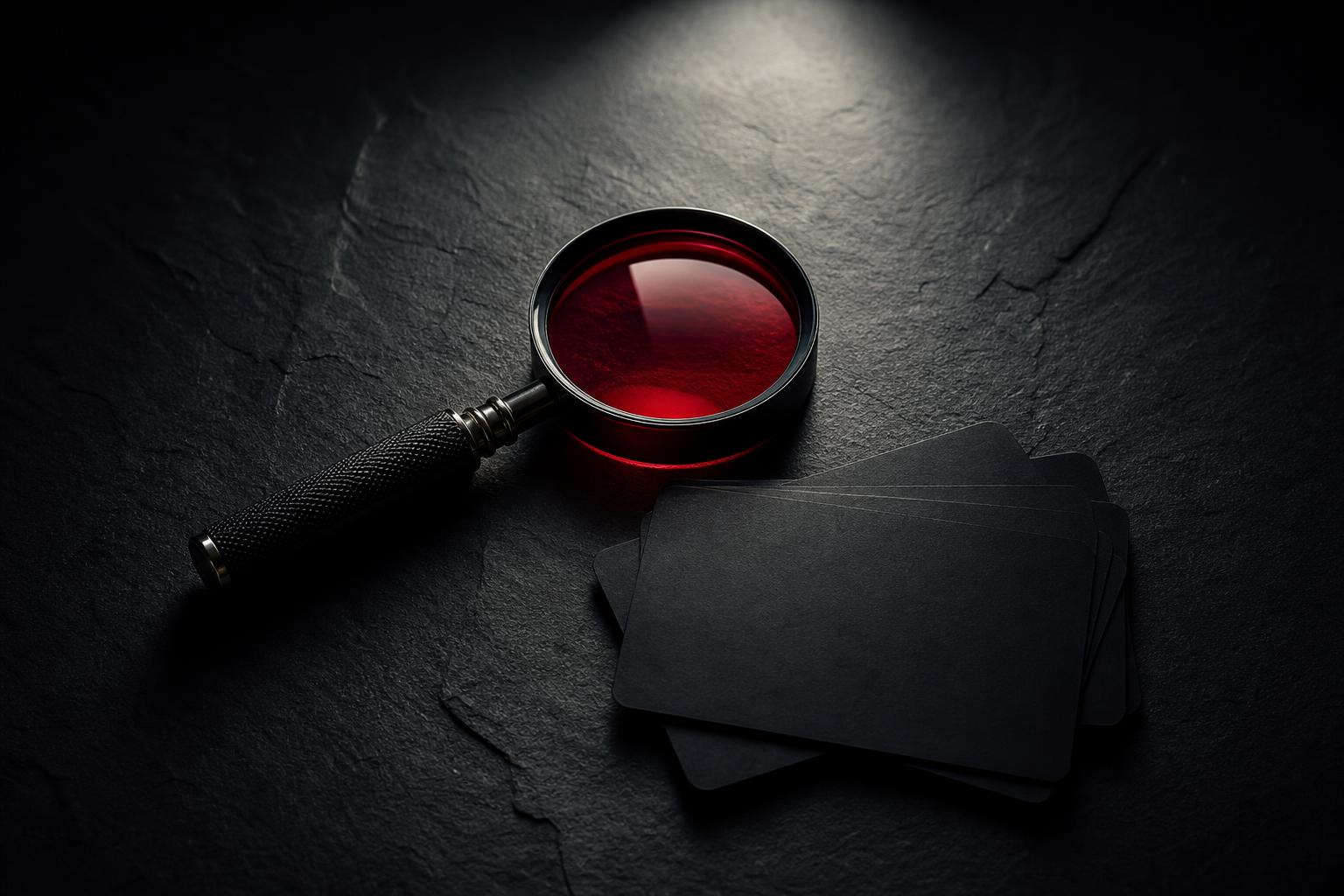 Editorial still life of a red-lensed loupe over unmarked black cards — examining innovation claims from online reputation management agencies.