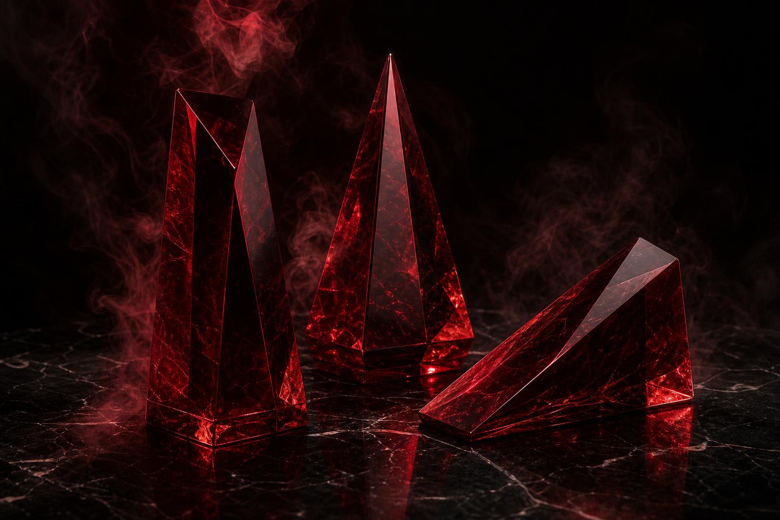 Editorial still life of three red glass prisms on dark stone — a visual metaphor for the three innovation trends reshaping online reputation management agencies in 2026.